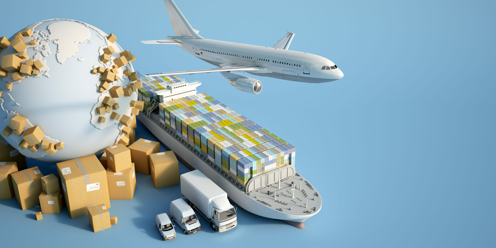 3D  rendering of the Earth surrounded by cardboard boxes, a cargo container ship, a flying plan, a car, a van and a truck