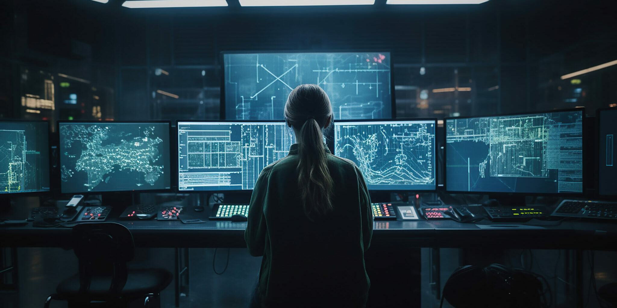 Female IT Engineer Working in Monitoring Room. Generative AI